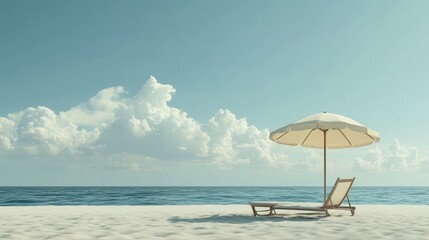 Obraz premium A beach umbrella and lounge chair set up on a quiet sandy beach, with the ocean stretching out to the horizon.