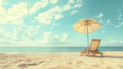 A beach umbrella and lounge chair set up on a quiet sandy beach, with the ocean stretching out to the horizon.