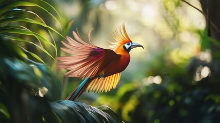 Fototapeta premium A bird of paradise displaying its elaborate plumage in a tropical forest, with vibrant colors standing out against the greenery.