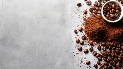 Coffee beans and ground coffee on gray background with space above.
