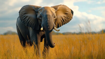 Naklejka premium A bull elephant trumpeting loudly, with its ears flared and trunk raised high.