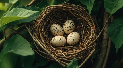 Obraz premium A bird nest with three speckled eggs, nestled among green leaves and twigs.