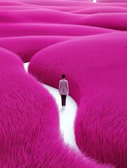 Person walks on white path in magenta hills in surreal, minimalist landscape, with futuristic contra