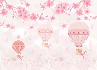 background hot air balloons Cherry Blossom branch