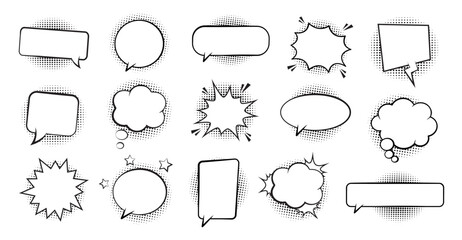 Obraz premium Retro empty comic bubbles and elements set with black halftone shadows. Vector illustration, vintage design, pop art style