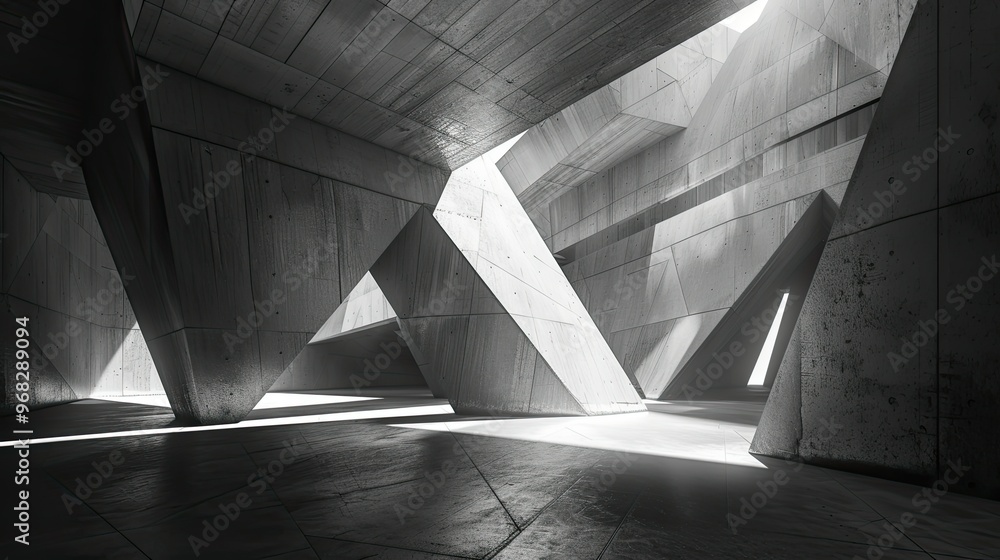 Poster a stark, modern interior featuring angular concrete structures and dramatic lighting, creating a sen