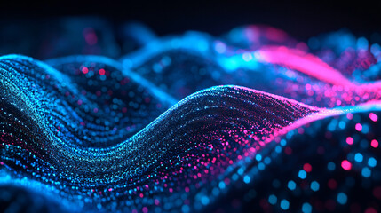 Fototapeta premium Neon Wave Background of a Abstract Digital glowing blue and purple colored Dot waves with Smooth particles are flow, virtual virtual reality cyberspace landscape