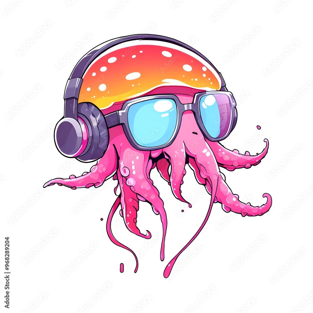 Wall mural cool octopus with headphones and sunglasses