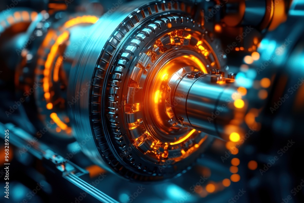 Poster close-up of a futuristic mechanical engine with glowing orange elements and intricate metallic detai
