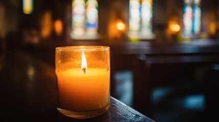 A candle burning in a church, with the soft light creating a serene and spiritual ambiance.