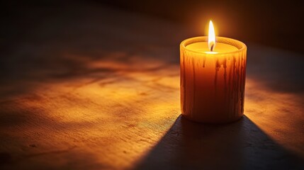 A candle burning in a dark room, with the flame providing the only light and casting long shadows on the walls.