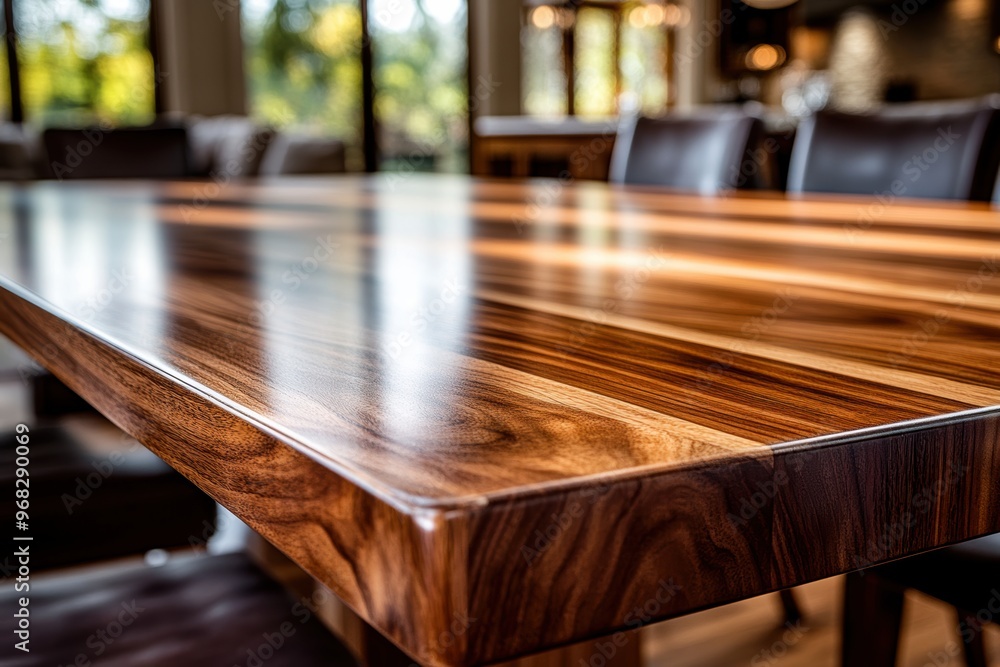 Poster close-up of an elegant wooden table showcasing rich patterns and textures in a modern dining area.