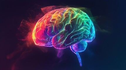 Glowing lights highlight a brain shape made from a circuit board image