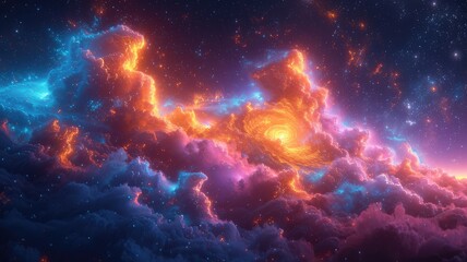 Obraz premium A stunning cosmic scene filled with vibrant colors, swirling clouds, and a galaxy at its center, evoking a sense of wonder.