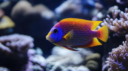 A colorful tropical fish swimming in shallow ocean waters near a coral reef.