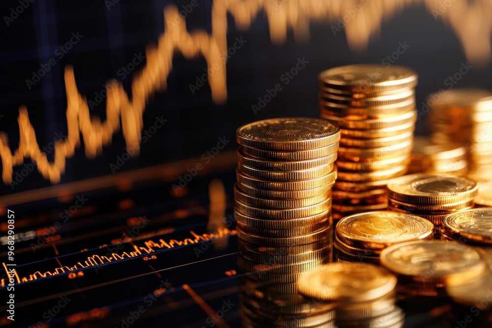 Poster close-up of stacked coins with an upward trend graph in the background, symbolizing finance and inve