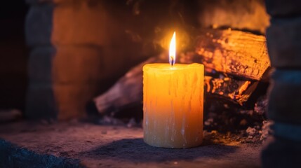 A candle burning in a fireplace, with the flame casting a warm glow over the hearth and creating a cozy atmosphere.