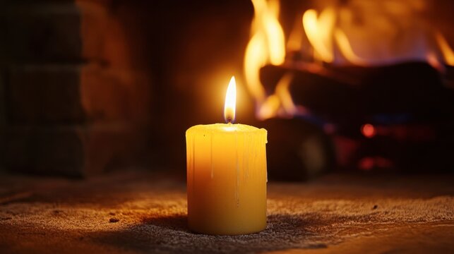 A candle burning in a fireplace, with the flame casting a warm glow over the hearth and creating a cozy atmosphere.