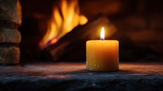 A candle burning in a fireplace, with the flame casting a warm glow over the hearth and creating a cozy atmosphere.