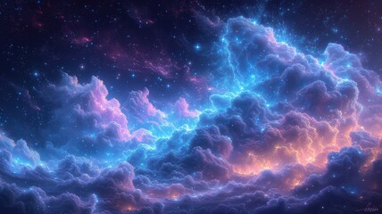 A stunning depiction of a vibrant cosmic scene with colorful clouds and stars, evoking a sense of wonder and exploration.