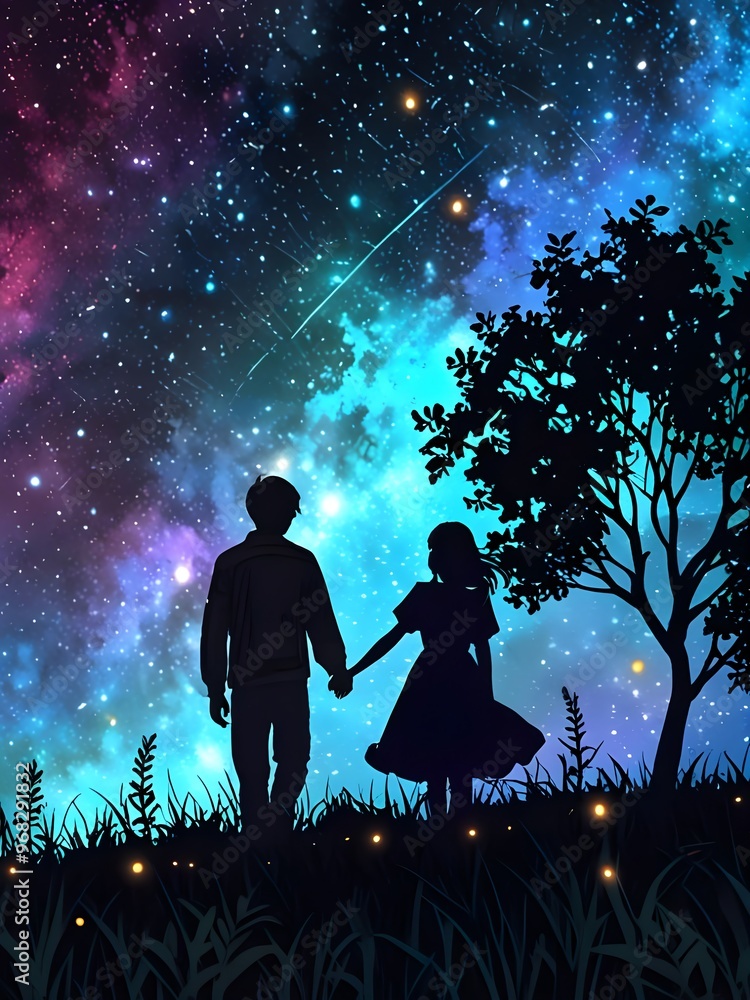 Wall mural Magical Galaxy and Couple Silhouette