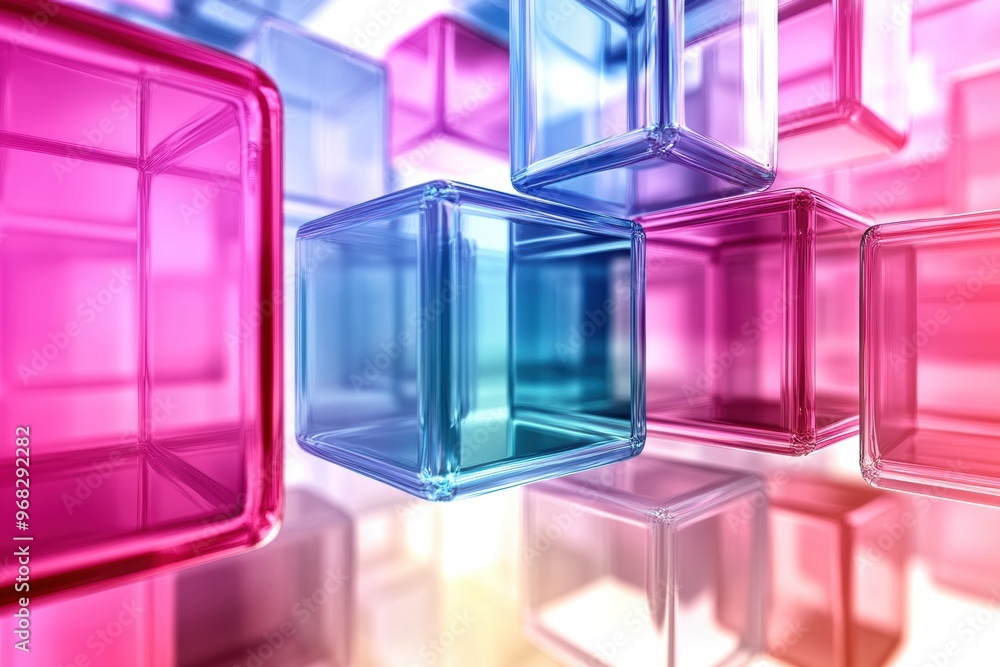 Poster colorful transparent cubes reflecting light, creating a vibrant abstract background for design and c