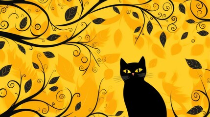 A stylized black cat sits against a vibrant yellow background with swirling branches and autumn leaves.