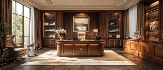 Luxurious Wooden Office Interior with Desk and Leather Chair