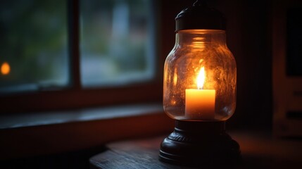 A candle burning in a hurricane lamp, with the flame dancing inside the glass and casting shadows on the walls.
