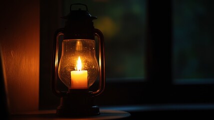 A candle burning in a hurricane lamp, with the flame dancing inside the glass and casting shadows on the walls.