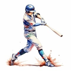 Obraz premium Dynamic Watercolor Illustration of a Baseball Player Hitting a Home Run.