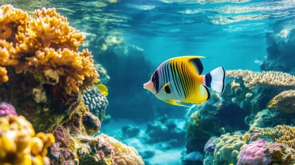 A colorful tropical fish swimming in shallow ocean waters near a coral reef.