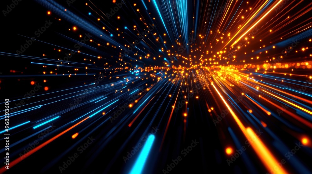 Poster dynamic abstract illustration of light trails with vibrant colors, creating a sense of movement and 