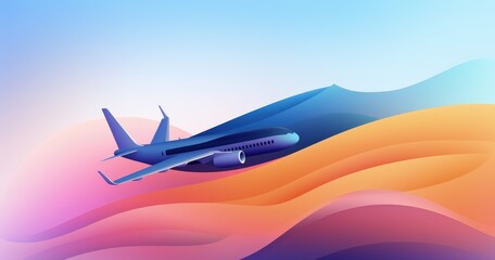 A stylized illustration of an airplane flying over colorful, wavy landscapes, evoking a sense of travel and adventure.