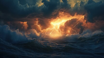 A dramatic ocean scene with lightning striking the water during a distant thunderstorm.