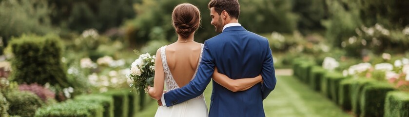Fototapeta premium A romantic couple embracing in a beautiful garden, showcasing love and celebration on their wedding day.