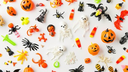 Halloween toys forming a spooky and festive background pattern