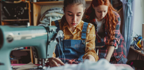 A teenager sitting at a sewing machine, focusing on stitching fabric