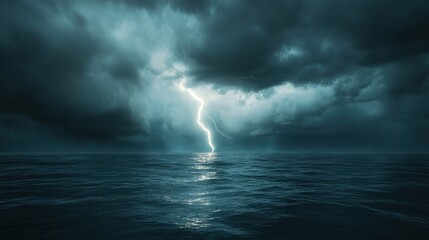 A dramatic ocean scene with lightning striking the water during a distant thunderstorm.