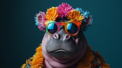 Hippo wearing sunglasses and floral lei on teal background, humorous fashion concept