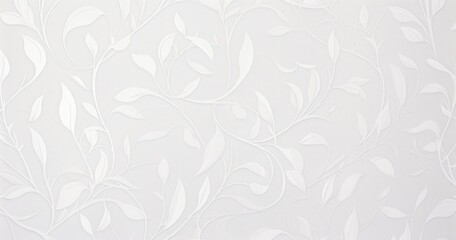A subtle, textured wallpaper design featuring delicate white leaves and vines on a light background.