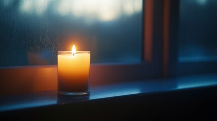 A candle burning on a windowsill, with the soft light illuminating the room and creating a cozy atmosphere.