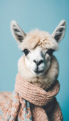 Close-up Portrait of a White Alpaca Wearing a Knit Scarf