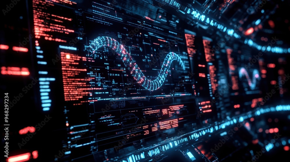 Poster futuristic digital landscape with glowing lines and data matrix elements, showcasing technology and 