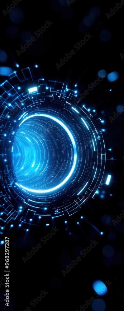 Poster futuristic glowing tunnel with vibrant blue light, creating a mesmerizing visual experience for tech