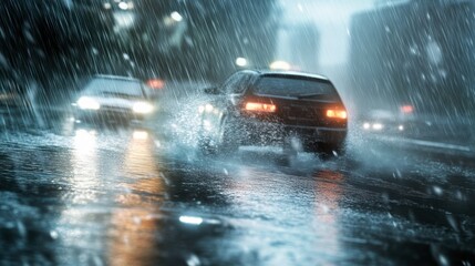 Obraz premium A car driving through heavy rain, with water spraying up from the tires and blurry lights in the distance.