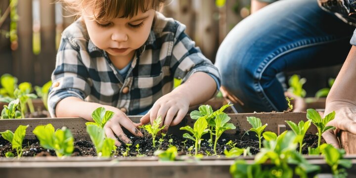 A young child planting seeds in a garden bed