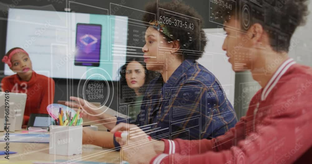 Poster animation of data processing and diagrams over diverse colleagues discussing work in office