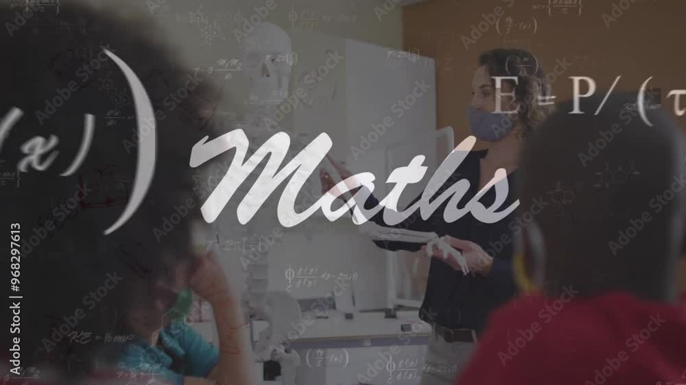 Poster animation of maths text and mathematical equations over schoolchildren learning with face masks