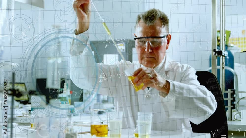Canvas Prints animation of mathematical equations over caucasian male scientist doing experiment